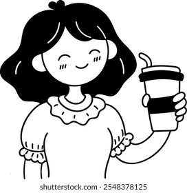 A doodle of a cheerful girl holding a cup of coffee, ideal for cafe menus and cozy-themed designs.