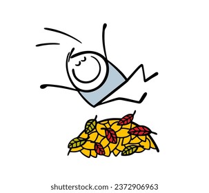 Doodle cheerful stickman jumps into a pile of yellow leaves from a running start. Vector illustration of autumn entertainment for cartoon kids after leaf fall. Isolated on white background.