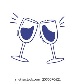 Doodle cheers drawing. Wine glasses as a symbol of celebration. Alcohol drink line art silhouette. Vector graphic