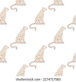 Doodle cheetah seamless pattern. Hand drawn cute leopard endless wallpaper. Wild animals background. Design for fabric, textile, wrapping, illustration