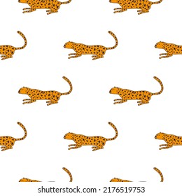 Doodle cheetah seamless pattern. Hand drawn cute leopard endless wallpaper. Wild animals background. Great for fabric design, textile print, wrapping, cover. Vector illustration.