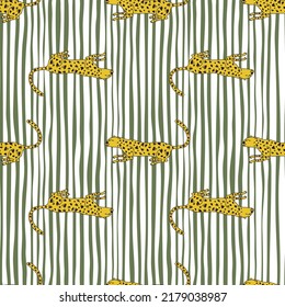 Doodle cheetah sin fisuras. Papel de pared sin fin de leopardo pintado a mano. Fondo de animales salvajes. Ideal para el diseño de tela, impresión textil, envoltura, cubierta. Ilustración vectorial.