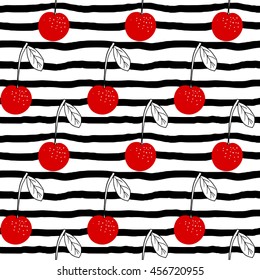 Doodle cherries on stripy background. Seamless pattern.
