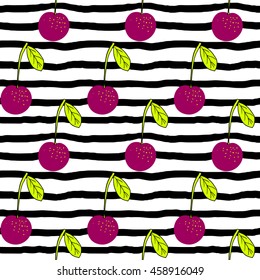 Doodle cherries on stripy background. Seamless pattern.