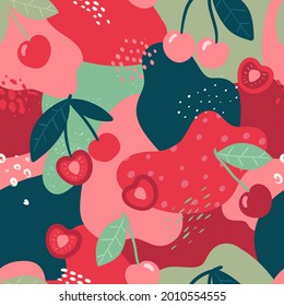 Doodle cherry and abstract elements. Vector seamless pattern. Hand drawn illustrations.