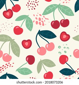 Doodle Cherry And Abstract Elements. Vector Seamless Pattern. Hand Drawn Illustrations.