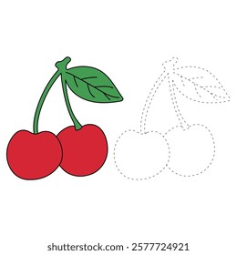 Doodle cherry coloring pages for kids. Trace and color cherry. Cherry fruit line art clip art illustration. Fruit coloring pages worksheets for kids activity printable.