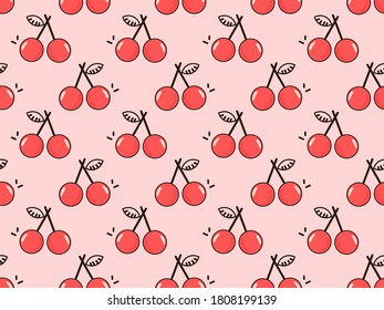 Fruto de cerezo con hojas sobre la ilustración de los vectores de fondo rosado.