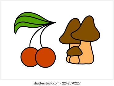 Doodle cherry with leaf and mushroom icon isolated. Cartoon food. Berry clipart. Vector stock illustration. EPS 10