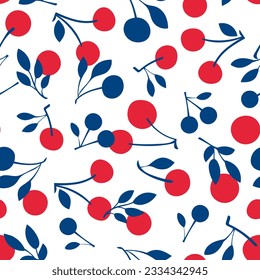 Doodle cherry with leaves vector seamless pattern. Hand drawn illustrations.