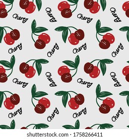 doodle Cherry pattern with text on white background . Perfect for textile,wrapping and etc.