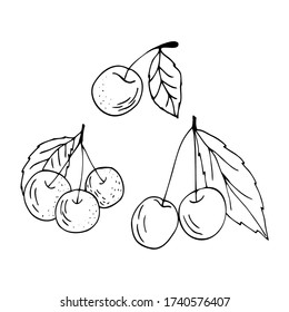 Doodle Cherry. Ripe cherry on a branch with a leaf. Freehand drawing. A set of cherries. Black lines on a white background. Cherry isolated on a white background. Vector.