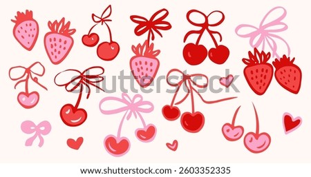 Doodle cherry and strawberry with bow coquette set. Collection of free hand drawings with cute girly berry and ribbons. 