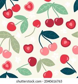 Doodle cherry. Vector seamless pattern. Hand drawn illustrations.