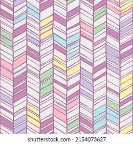 Doodle chevron seamless pattern. Vector hand drawn striped background with herringbone scribble lines. Pastel purple colors. For fabric, wrapping, invitations, card, scrapbooking or wallpaper.