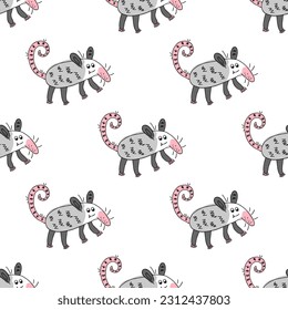 Doodle chibi american opossum seamless pattern. Perfect print for tee, textile and fabric. Cute vector illustration for decor and design.


