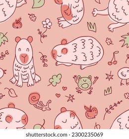 Doodle chibi capybaras seamless pattern in free hand drawn style. Perfect print for tee, paper, textile and fabric. Kawaii vector illustration for decor and design.
