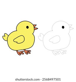 Doodle chicken coloring pages worksheets printable for kids activity, Kindergarten and preschool. Trace and color  chicken worksheets. Chick coloring page. Doodle chicken clipart vector.