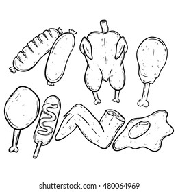 doodle chicken meat set with outline