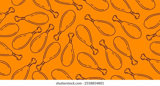 Doodle chicken thigh seamless pattern on orange background. Chicken thigh line motif. Vector illustration