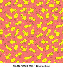 Doodle chickens on a red background. Easter seamless vector pattern. Cartoon chickens and eggs hand drawing . Print for clothing, fabrics, packaging, backgrounds