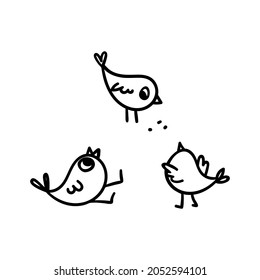 Doodle chicks. Drawn chicks communicate among their bird group. Vector stock illustration of cute line art birds isolated on white background.