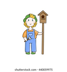 Doodle child. Boy with birdhouse.