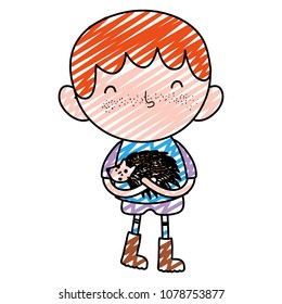 doodle child boy with porcupine animal in the arms