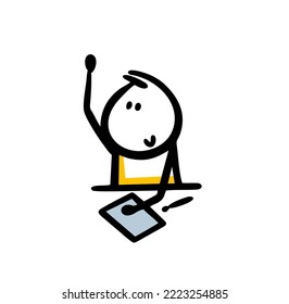 Doodle child character hand up in school class during the lesson. Good pupil vector illustration in simple childish style.