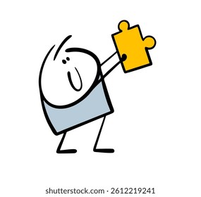 Doodle child collects the puzzle, holds the part. Vector illustration stickman solved the problem, found the part. Cartoon people isolated on white background.
