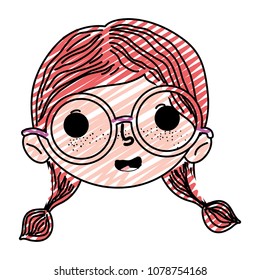 doodle child girl head with hairstyle and glasses