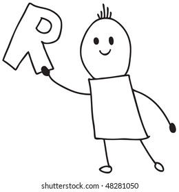 Doodle child holding letter R