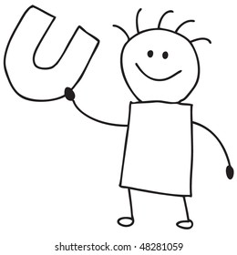 Doodle child holding letter U