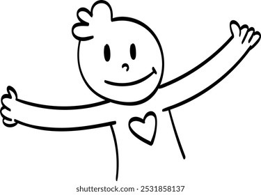 A doodle of a child with open arms and a heart on the chest, symbolizing a hug, affection, and love, as well as happiness and joy.