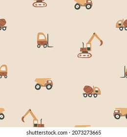 Doodle childish construction machines seamless pattern. Building cars for kids design