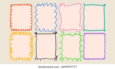 Doodle childish frames set. Colorful wavy shaped frames. Sketch style vector illustration.