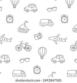 Doodle childish icon seamless pattern. Hand drawing black outline travel elements on white background. Car, balloon, boat, airplane, glasses, watch, camera. Vector illustration.