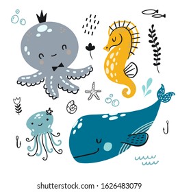 Doodle childish pattern with underwater marine animals - blue whale, octopus, seahorse and jellyfish. with crab, seaplant, anchor and starfish. Scandinavian style vector pattern.