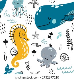 Doodle childish seamless pattern with underwater marine animals - blue whale, octopus, seahorse and jellyfish. with crab, seaplant, anchor and starfish. Scandinavian style vector pattern.