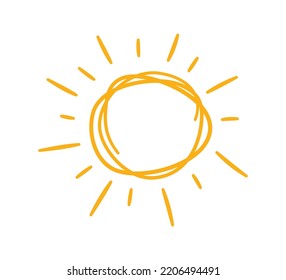 Doodle childish sun icon. Scribble yellow sun with rays symbol. Doodle children drawing. Hand drawn burst. Hot weather sign. Vector illustration isolated on white background.