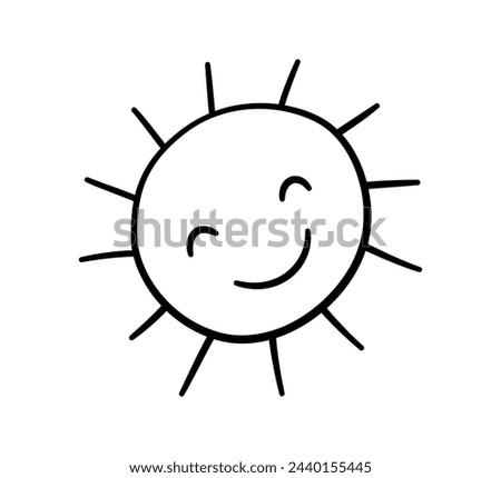 Doodle childish sun icon. Scribble sun with rays and smile symbol. Doodle funny children drawing. Hand drawn burst. Hot weather sign. Vector illustration isolated on white background.