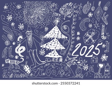 Doodle childlike naive scribble Christmas package in trendy color of the year 2025 future dusk. Perfect for crazy funny greeting card, gift package. Cute hand drawn sketch for happy new year.