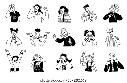 Doodle children character. Black linear kids with different emotions and gestures, hand drawn boys and girls sketch. Vector linear set.