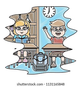 doodle children in the classroom sitting wood desk