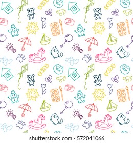 Doodle Children Drawing Background. Sketch Set Of Drawings In Child Style. Seamless Pattern For Cute Little Girls And Boys. Vector Illustration.