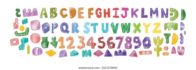 Doodle children font, cartoon funny alphabet, vector hand drawn scribble kid numbers, blobs. School wax crayon abc cute kindergarten handwriting letters, abstract shapes. Color pencil children font