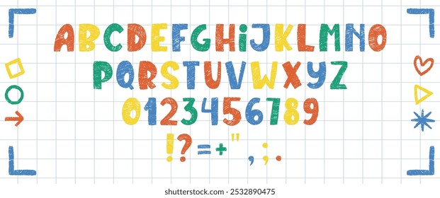 Doodle children font, cartoon kids alphabet with crayon, paste or chalk texture. Vector handdrawn numbers, circle, arrow, heart and letters.