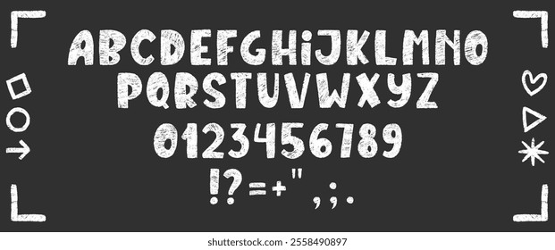 Doodle children font, cartoon kids alphabet with crayon, paste or chalk texture. Vector handdrawn numbers and letters on a black background.