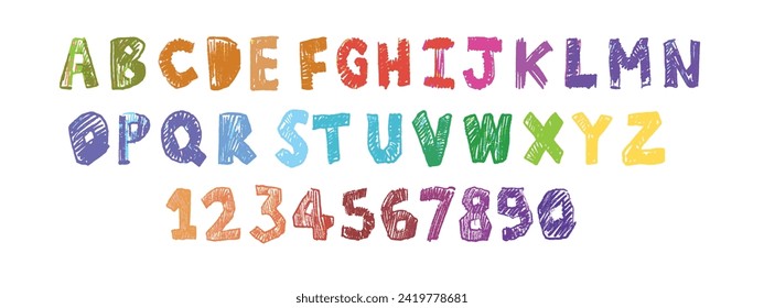 Doodle children font, vector cartoon funny alphabet, hand drawn scribble kid typescript numbers. School wax crayon abc cute kindergarten handwriting playful letters, digits. Color pencil children font