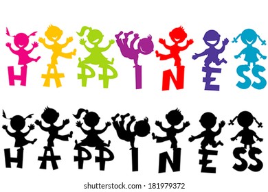 Doodle children with happiness text
